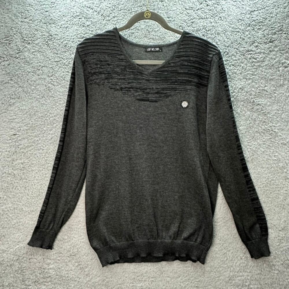 Leif Nelson Men's Large Gray Knit Sweater V-Neck Soft Casual Stretch Comfort EUC